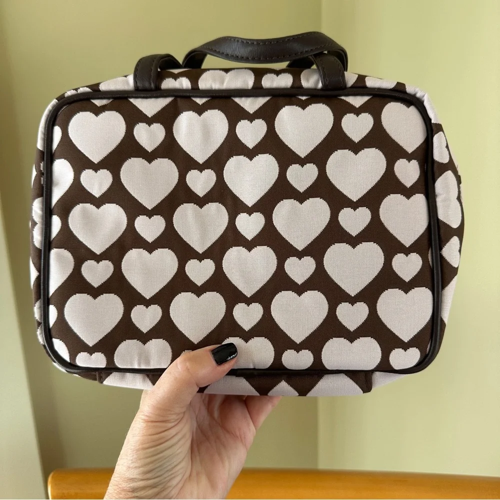 Stephanie Johnson Brown and Pale Pink Heart ML Traveler Cosmetics Case